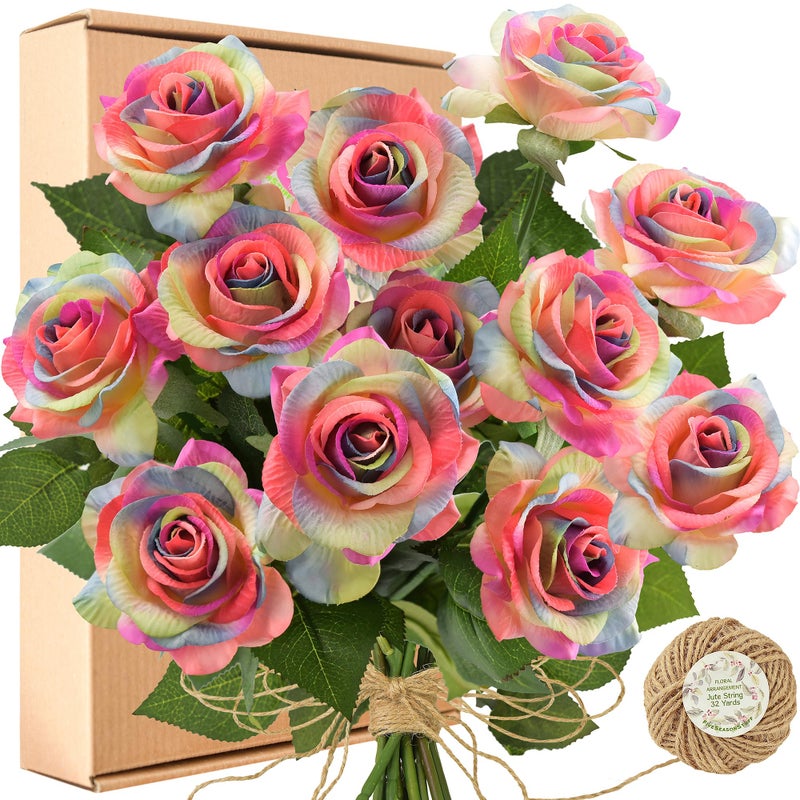FiveSeasonStuff Rainbow Artificial Roses â€“ 12 Faux Silk Stems with Realâ€‘Touch Feel â€“ Giftâ€‘Ready Box + Jute Ribbon â€“ Bendable Wire Stems for Wedding Bouquets, Home DÃ©cor, Centerpieces & DIY Arrangements - Image 1